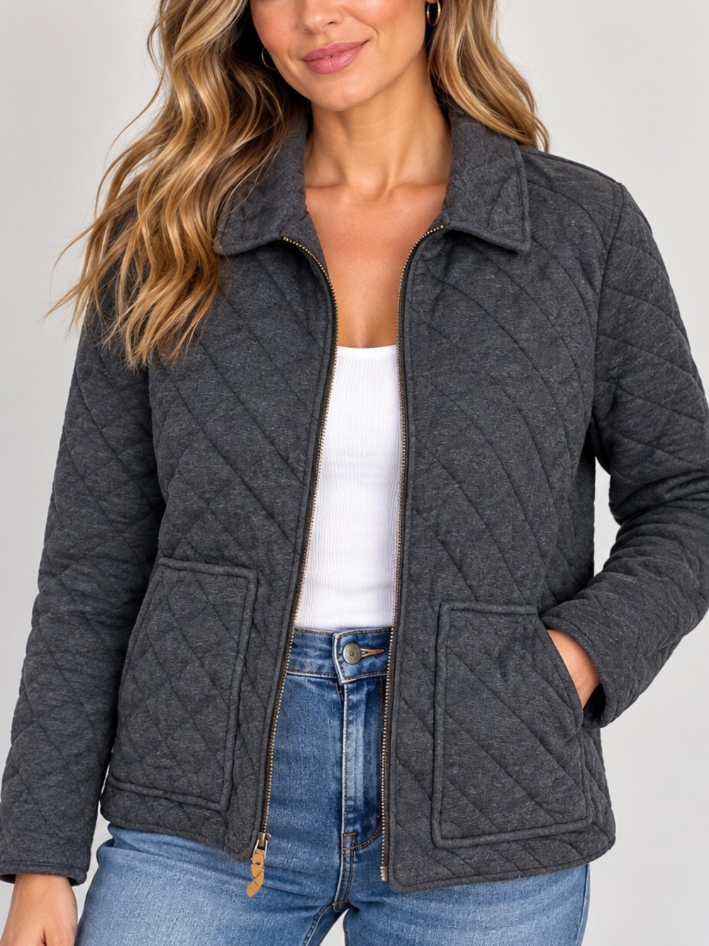 Banana Republic Quilted Jacket Charcoal Gray Full Zip Collared Size L